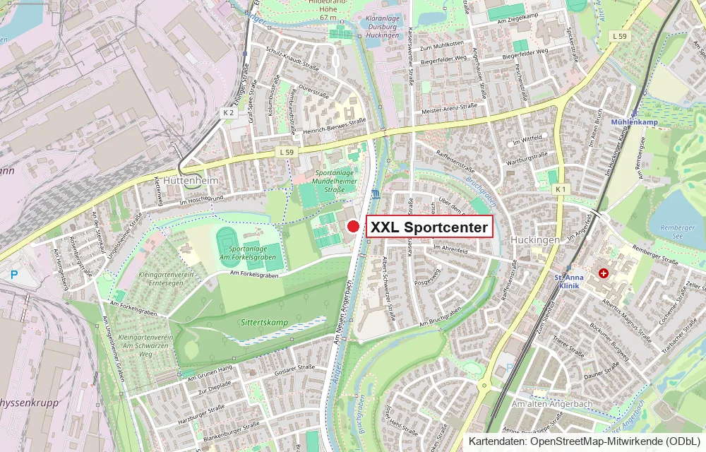 Kartenausschnitt: das XXL Sportcenter an der Straße Am Neuen Angerbach zwischen Hüttenheim und Huckingen